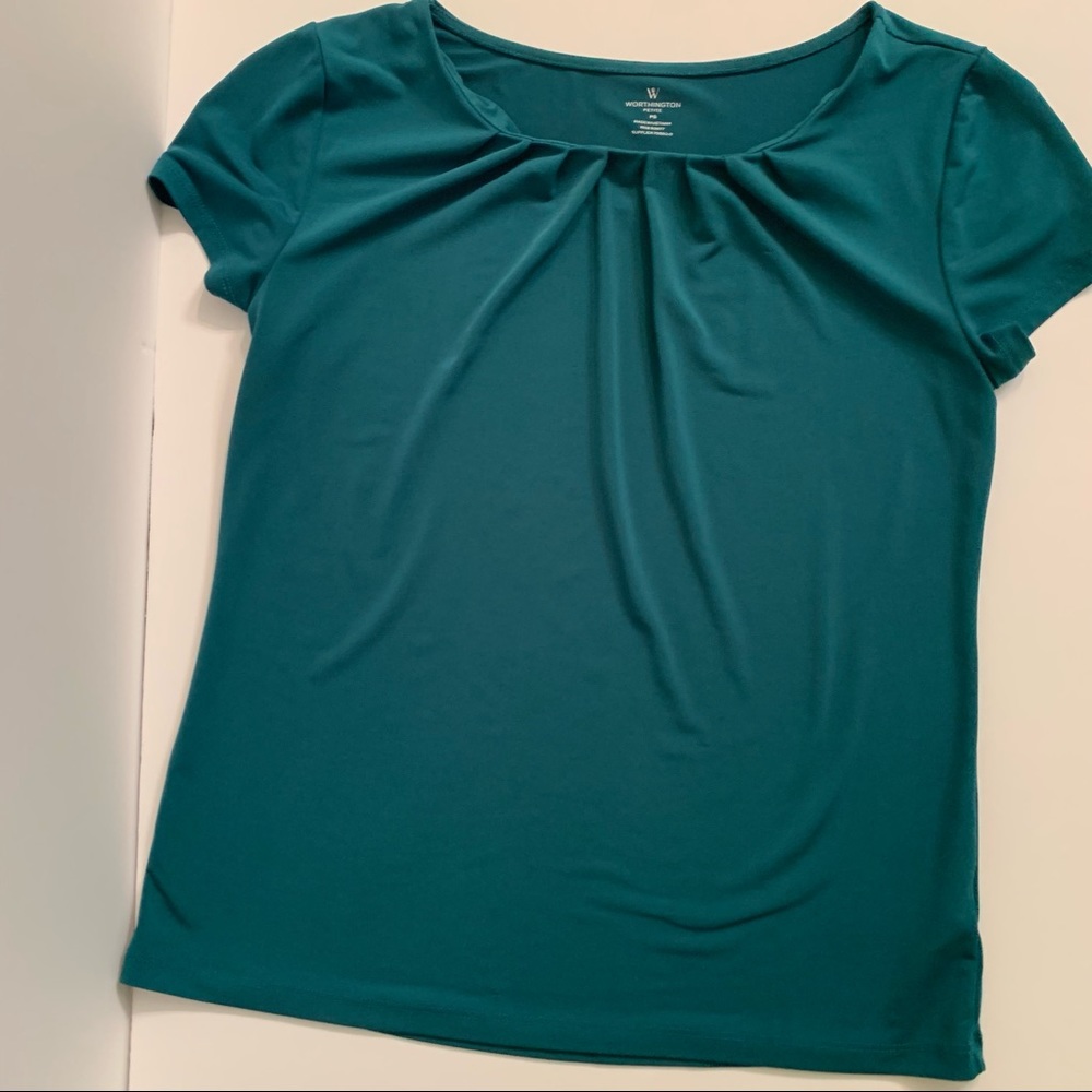 Worthington Green Petite Round Pleated Neck Blouse